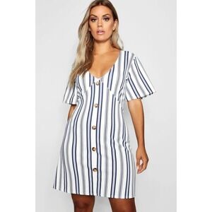 Boohoo Button Up Shift Dress Summer Sz 16 Striped‎ White Navy Blue Lightweight